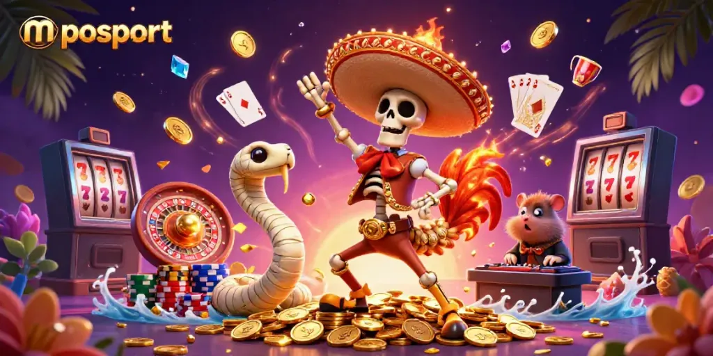 Spin the wheel of fortune with mposport's animated characters in a lively casino scene.