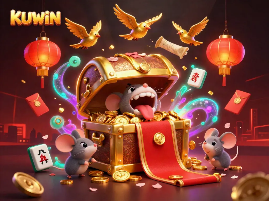 Engage with KUWIN's vibrant casino adventure featuring a dynamic treasure chest and festive game elements.