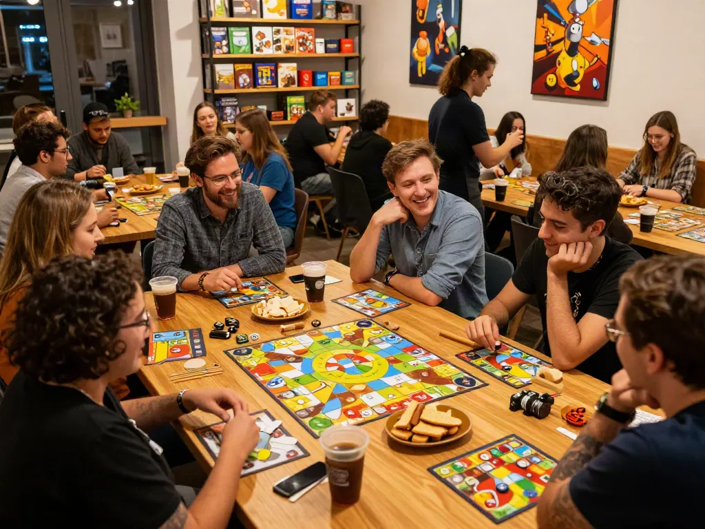 Friends enjoying board games at Meeplehaus.net cafe, colorful pieces and warm atmosphere.