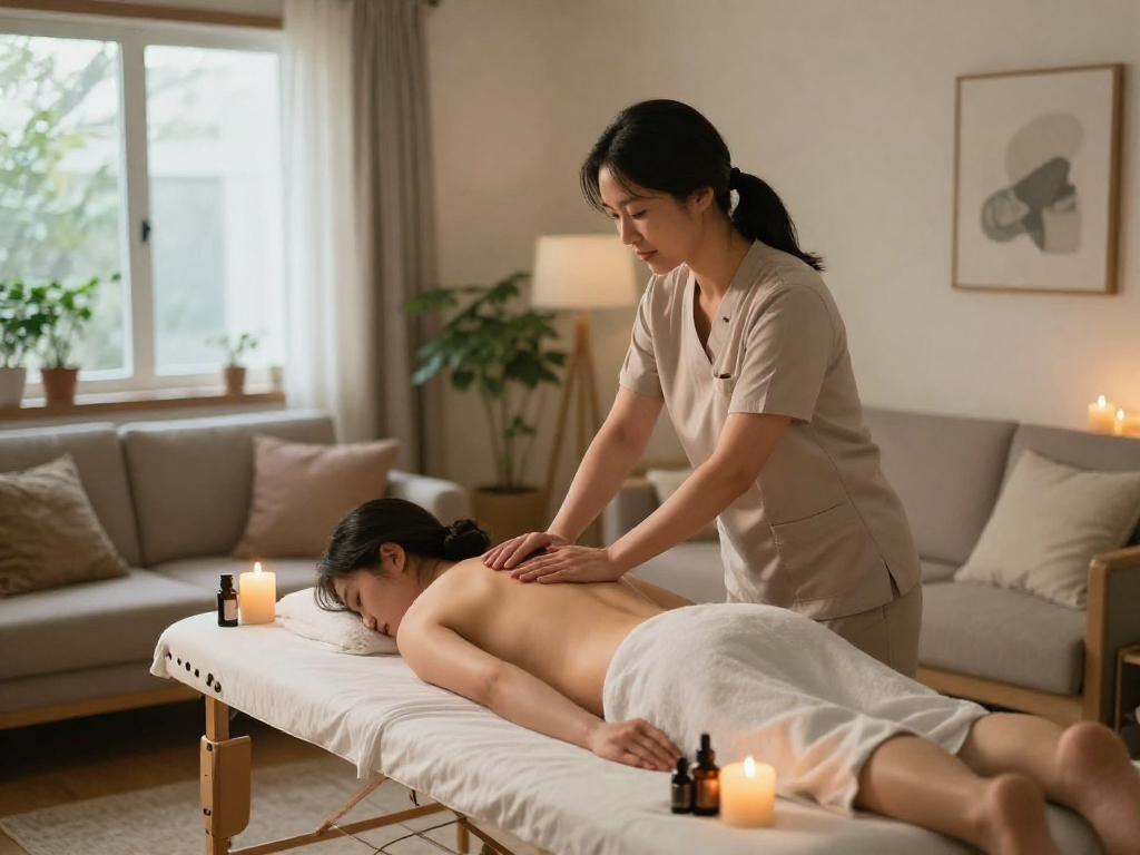 의정부출장 luxury home massage service in a calming environment, showcasing a professional therapist and client.