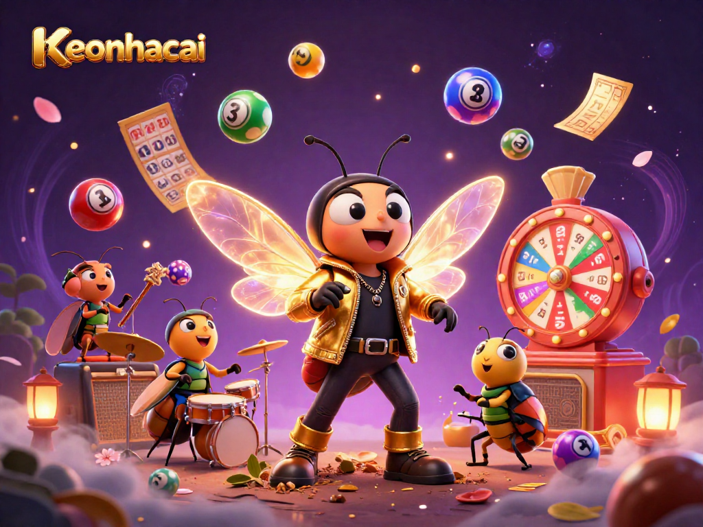 Experience keonhacai's lively casino world with a vibrant 3D digital illustration brimming with lottery elements.