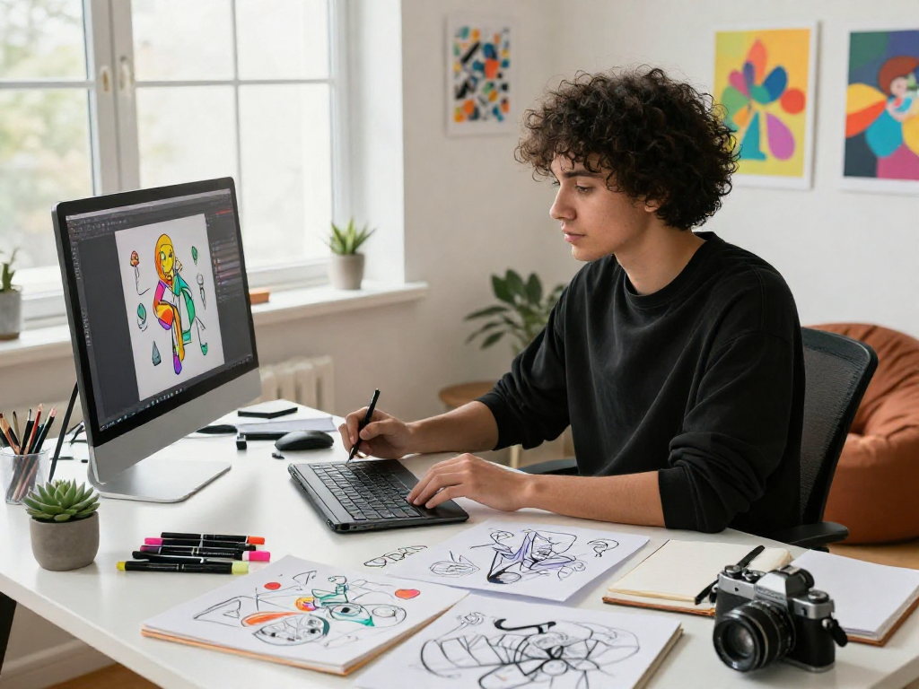 Digital artist creating vibrant nsfw ai sketches in a bright modern studio.