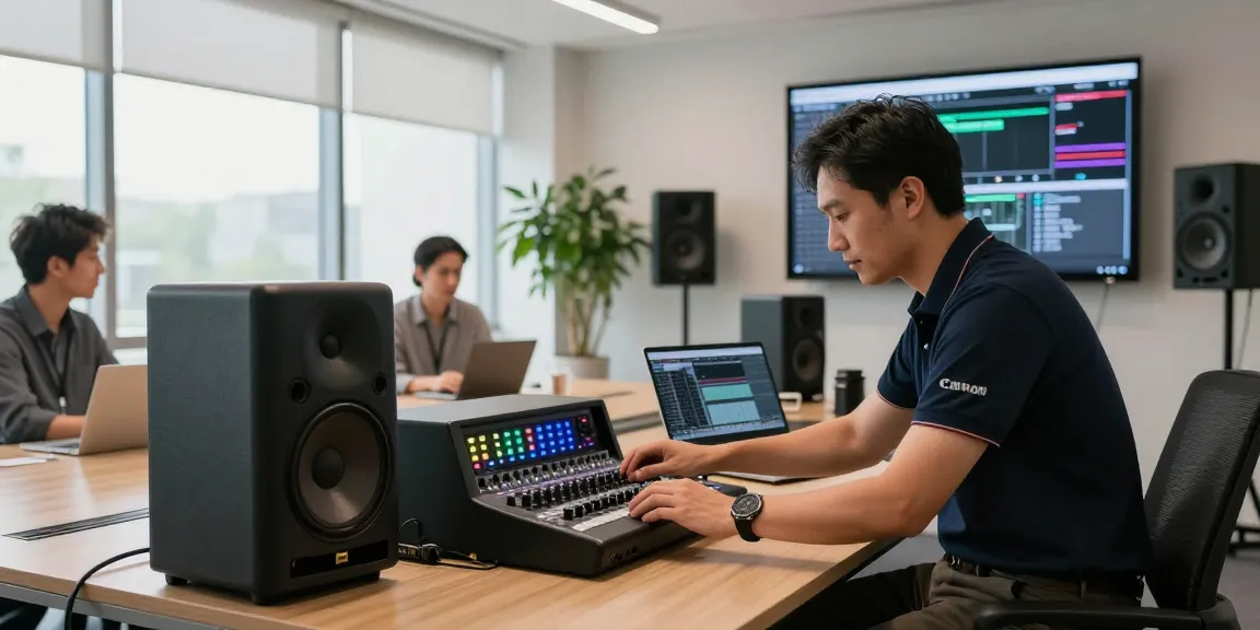 Sound system installation in a modern conference room with AV technician configuring equipment and team collaborating.