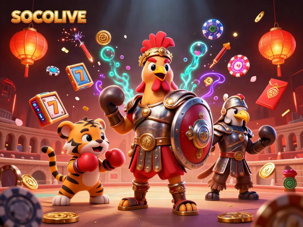 Experience SOCOLIVE with dynamic characters alongside engaging slot games and festive elements in a lively scene.