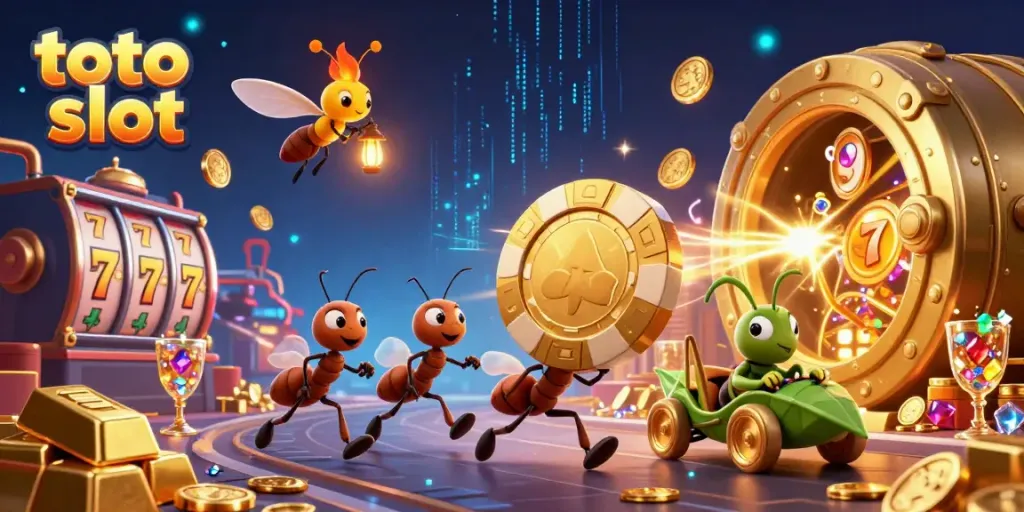 Toto slot excitement with ants pulling a giant poker chip in a vibrant casino tunnel setting.