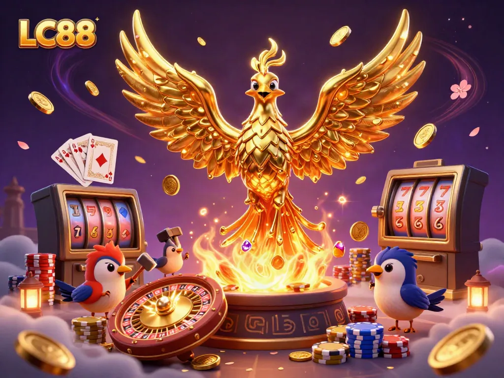 Play and win big at LC88 with a dazzling phoenix rising from coins in a dynamic casino scene.