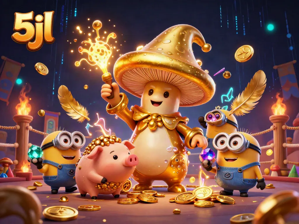 Experience thrilling gameplay with 5jl's golden mushroom wizard in a rich casino scene.