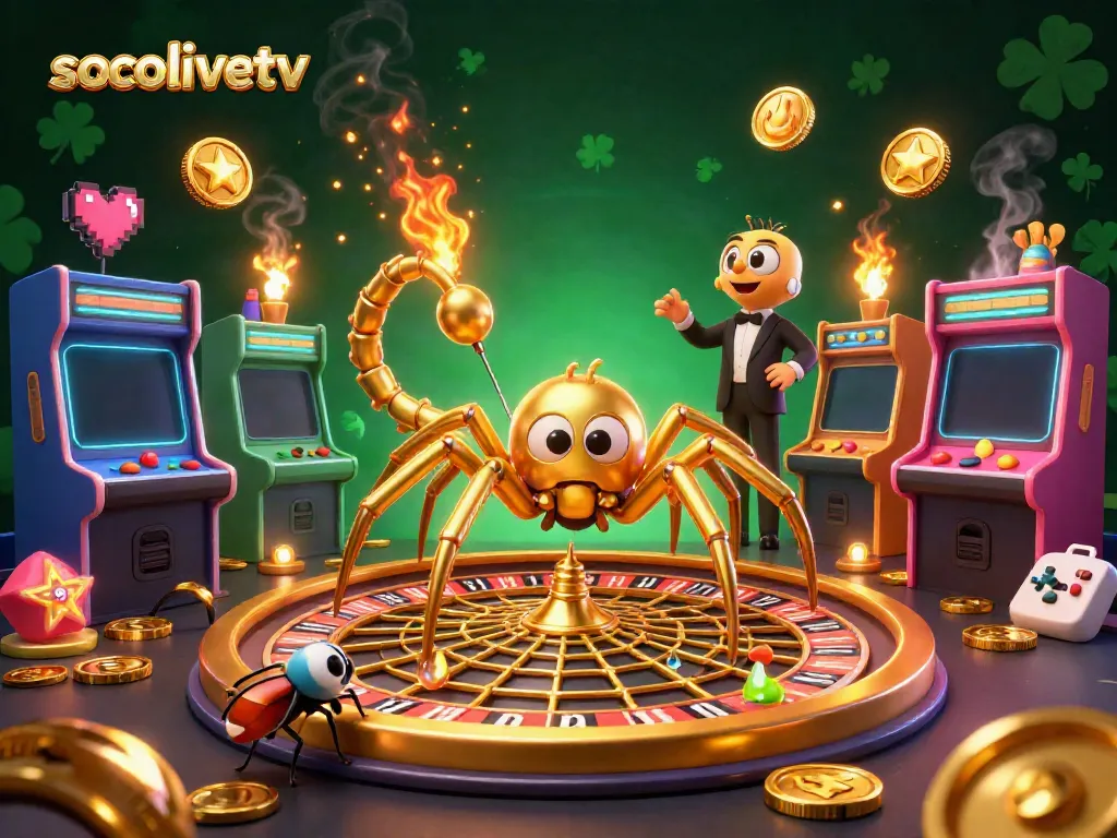 Experience thrilling gaming action with socolivetv's vibrant 3D illustration of a spider spinning a roulette wheel web.