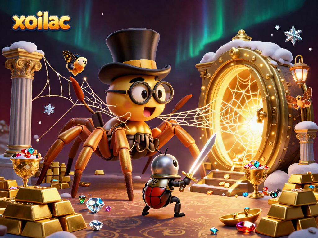 Experience the thrilling xoilac casino scene with a golden spider and knight amidst riches.