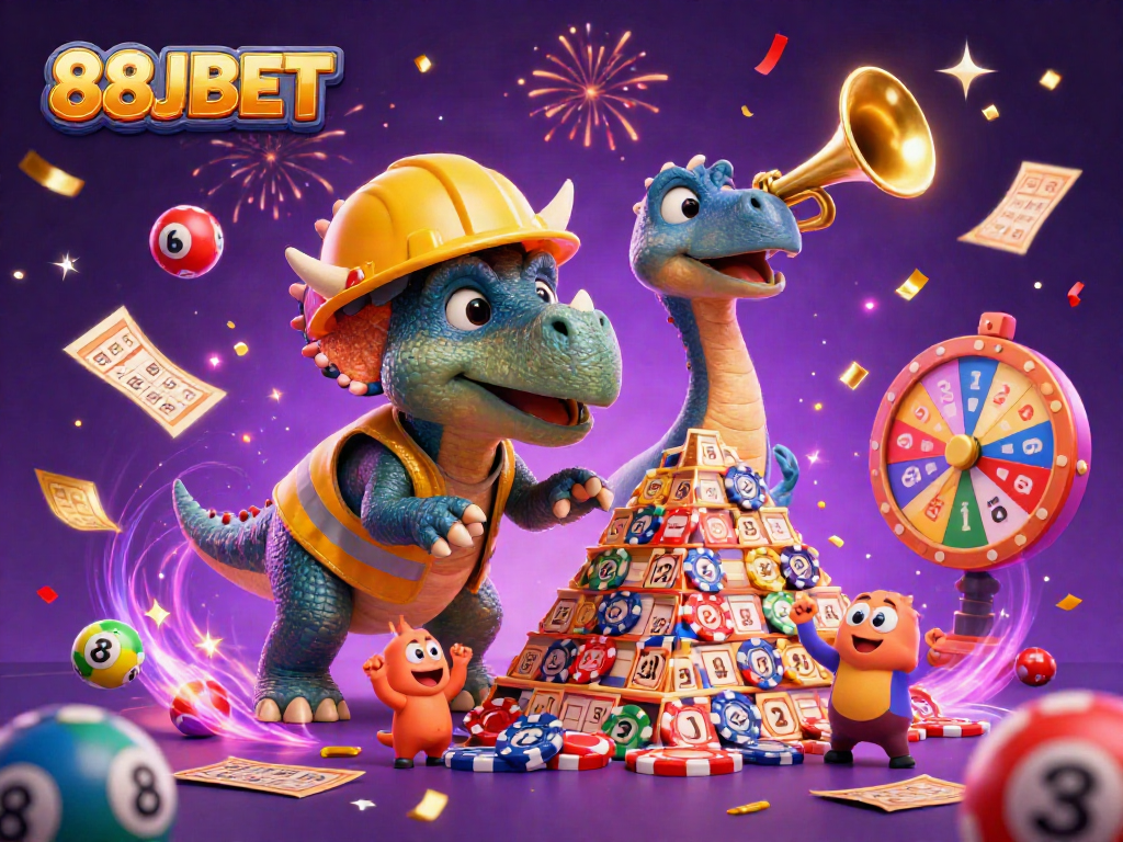 Cheerful 88JBET scene celebrating big wins with colorful lottery elements and characters.