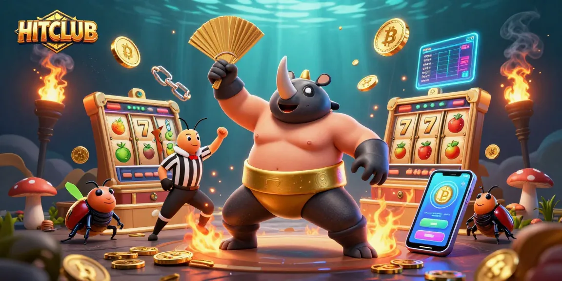 HitCLUB casino scene with a beetle champion and golden coins flying in a lively gaming atmosphere.