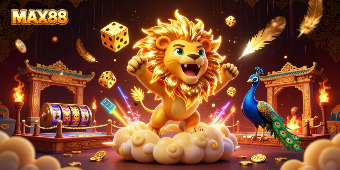 Experience the thrill of MAX88 with energetic 3D characters and vibrant casino elements depicting exciting gameplay.