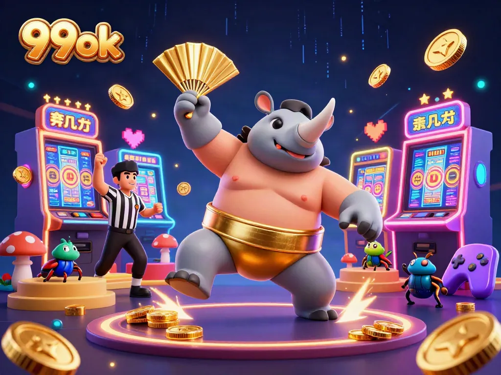 Experience the thrill of 99ok with a dynamic scene of a beetle sumo champion and colorful slot machines.