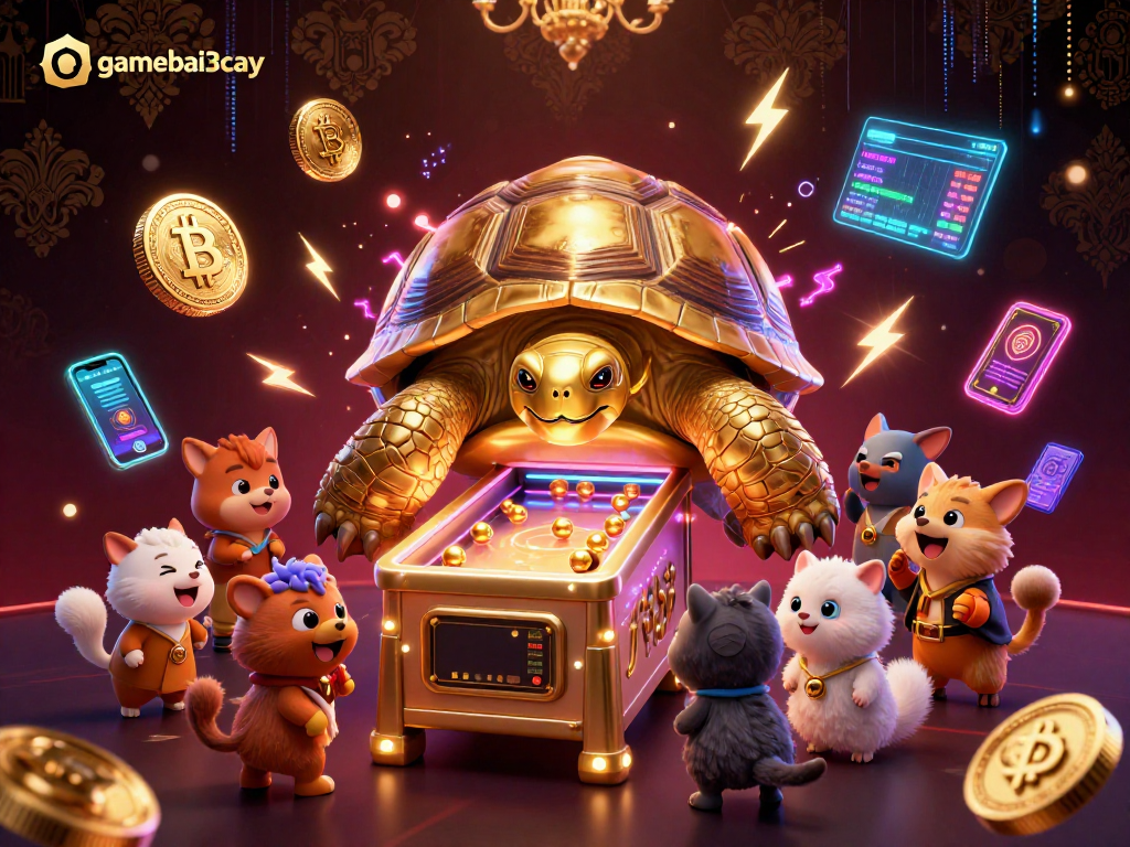 Experience the excitement of gamebai3cay with a vibrant scene of a golden tortoise pinball machine and crypto elements.