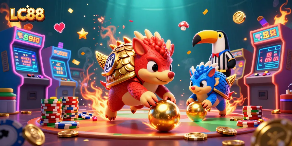 Engaging LC88 casino scene featuring rival pangolins bowling through poker chips with vibrant gaming elements.