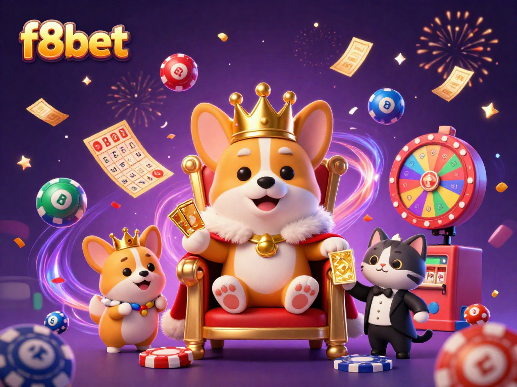 Experience the vibrant excitement of f8bet with a royal corgi on a poker chip throne amid dynamic gambling elements.