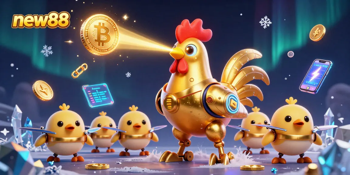 Experience exhilarating gambling action at new88, featuring a futuristic rooster robot and cryptocurrency elements.