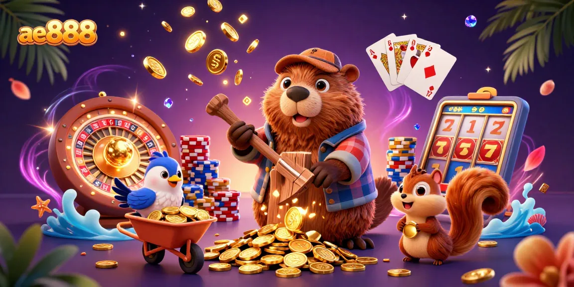 Engage in thrilling gameplay with ae888 as the beaver and friends rain golden coins and casino delights.