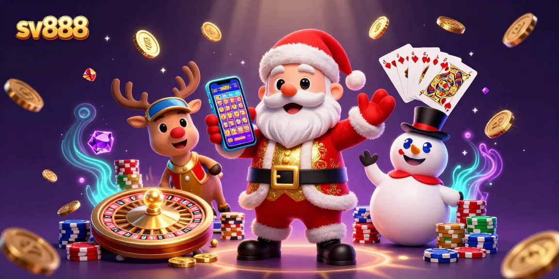 Win big with sv888 in this playful casino scene featuring Santa Claus and friends.