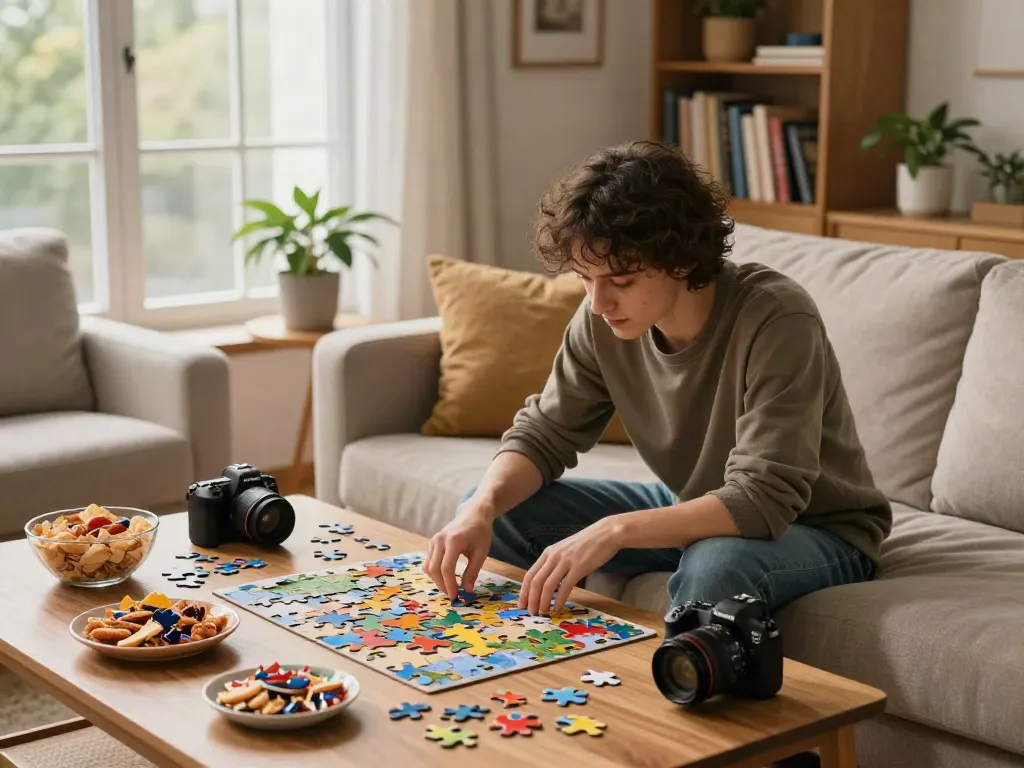 Person enjoying a puzzle from puzzlenoir.net in a cozy living room ambiance.