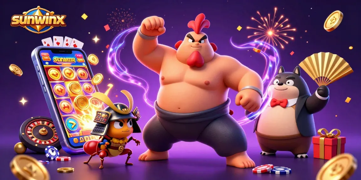 Play at sunwinx with a powerful rooster and fierce cricket, surrounded by vibrant casino elements.