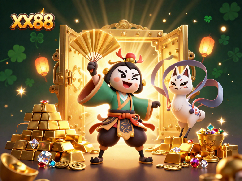 Experience excitement at XX88 with a valiant kabuki crane and mystical kitsune in a bustling treasure scene.