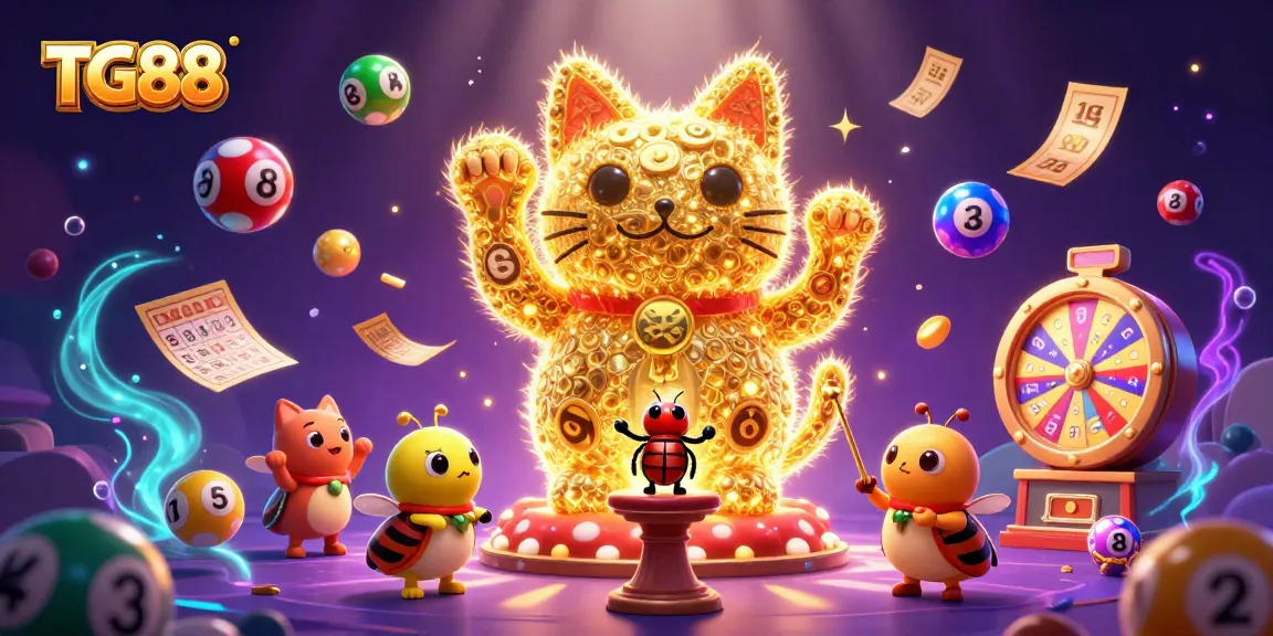 Engage with the vibrant casino world of TG88, featuring a lucky cat made of fireflies amidst colorful games and dynamic prizes.