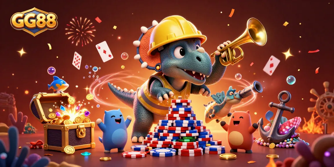 GG88 celebrates gaming with a 3D triceratops and vibrant casino elements exploding in joy.