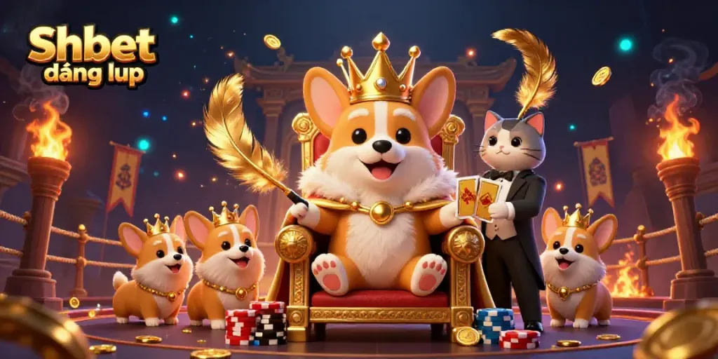Engage with SHbet đăng nhập featuring a royal corgi on a throne of poker chips amidst vibrant casino elements.