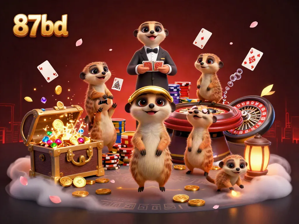 Engage with thrilling games at 87bd's 3D meerkat casino scene showcasing excitement and fun.