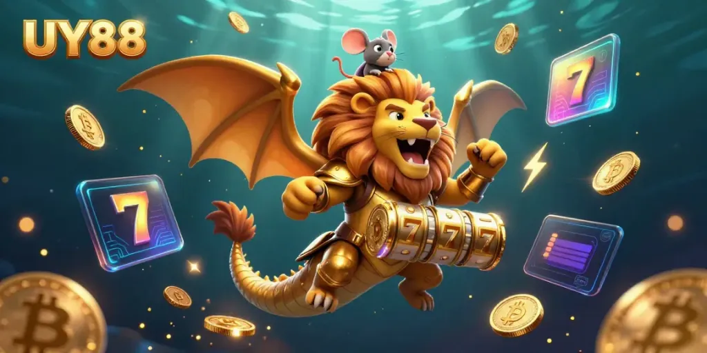 Try your luck with UY88 as golden-armored chimera triumphs in a vibrant casino scene.