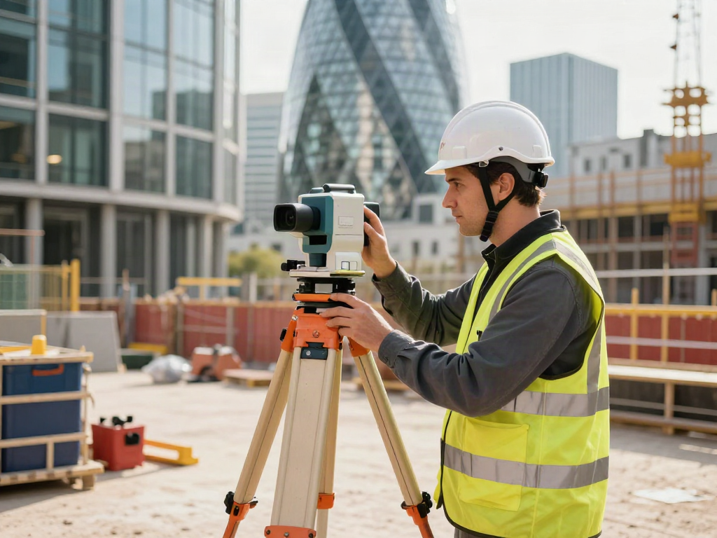 Measured Building Surveyors Surrey conducting a professional survey on a London construction site, showcasing precision and urban architecture.
