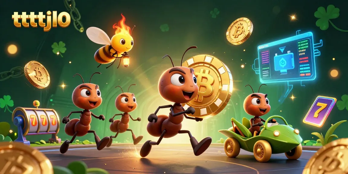 Engage with exciting tttjl0 heist scene featuring ants carrying a giant poker chip amidst crypto elements.