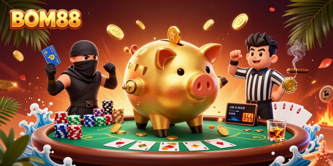 BOM88 offers a thrilling gaming experience with dynamic characters and high-stakes action in this vibrant casino scene.