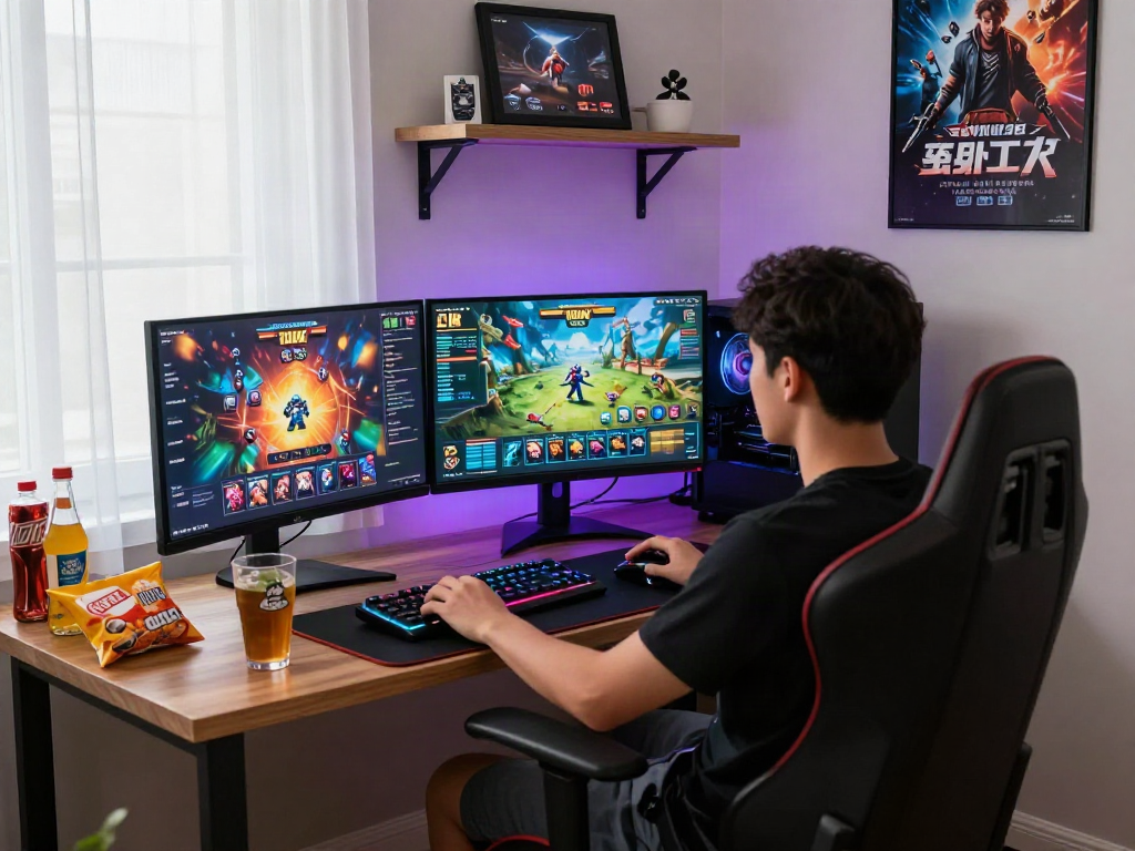 Exciting gaming setup featuring slot 10k game, dual monitors, RGB keyboard, and snacks.