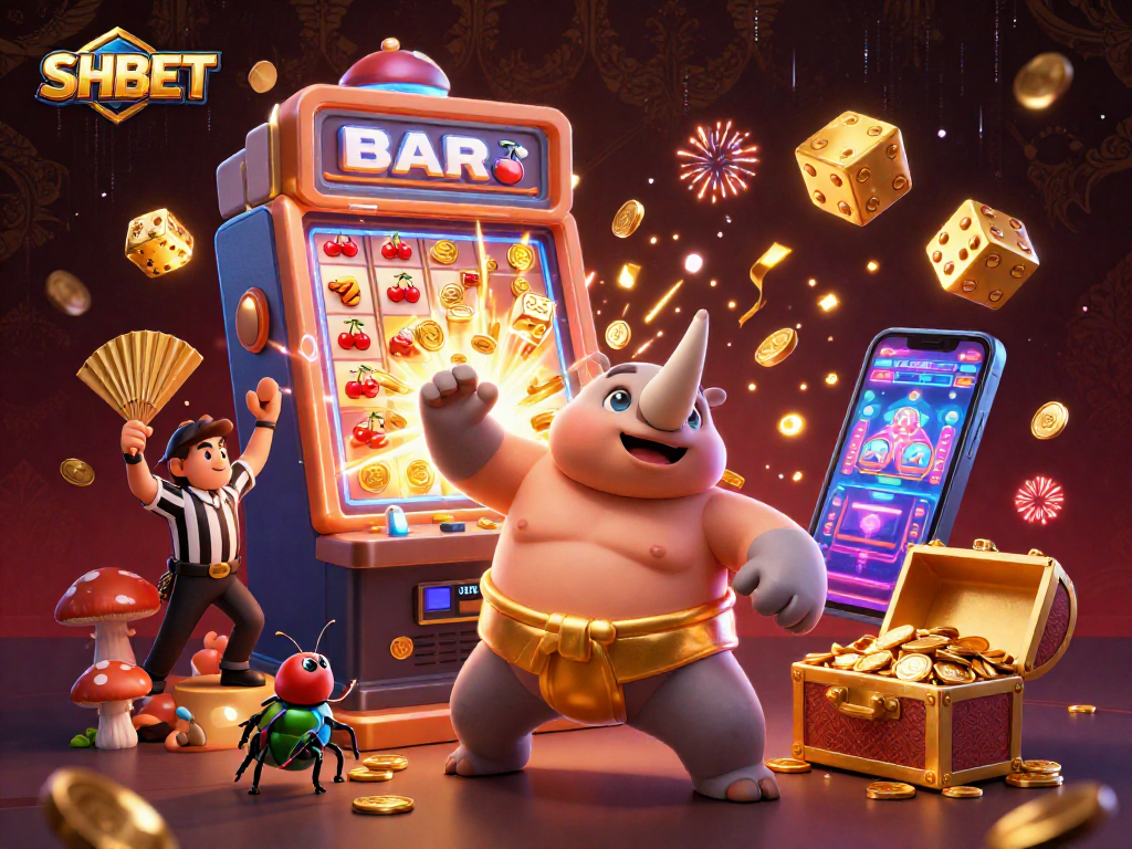 Experience thrilling moments with SHBET as animated characters celebrate casino wins amidst dynamic gaming elements.