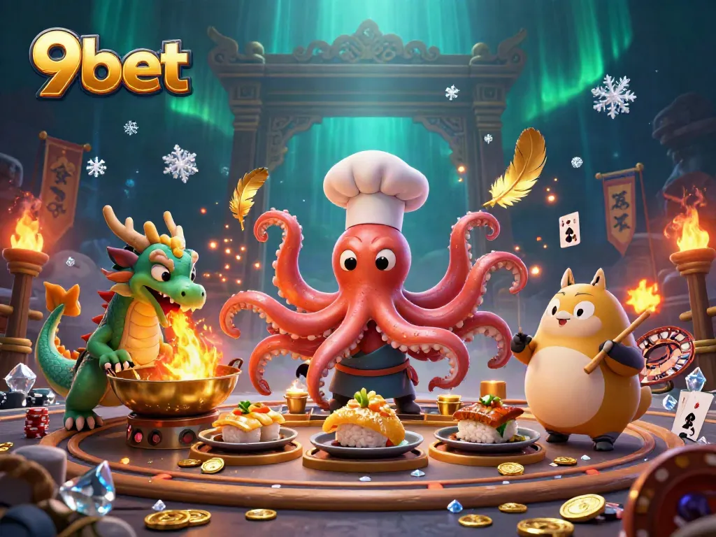 Engage in thrilling gameplay with 9bet featuring an exciting fantasy scene with an octopus chef, dragon, and tanuki amidst casino elements.