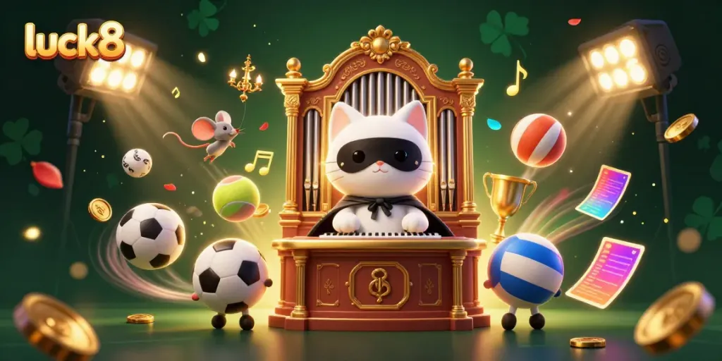 Engage with luck8's thrilling casino experience in a dynamic 3D illustration featuring stylish casino elements.