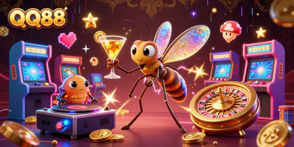 Experience thrilling QQ88 casino action with a cartoon mosquito mascot, fossil DJ, and a roulette wheel.