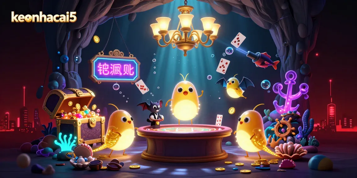 Engage with keonhacai5 as glowworms illuminate a vibrant cave casino scene filled with treasures and gaming elements.
