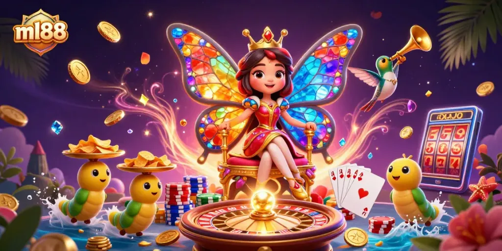 Experience thrilling gaming with ml88 in a vibrant 3D casino scene full of action and excitement.