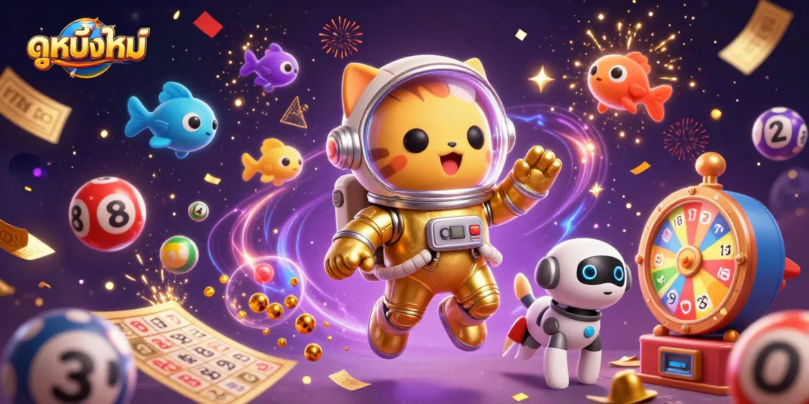 Engage in ดูหนังใหม่ with a vibrant scene showcasing a cat astronaut, robot dog, and exciting lottery elements.
