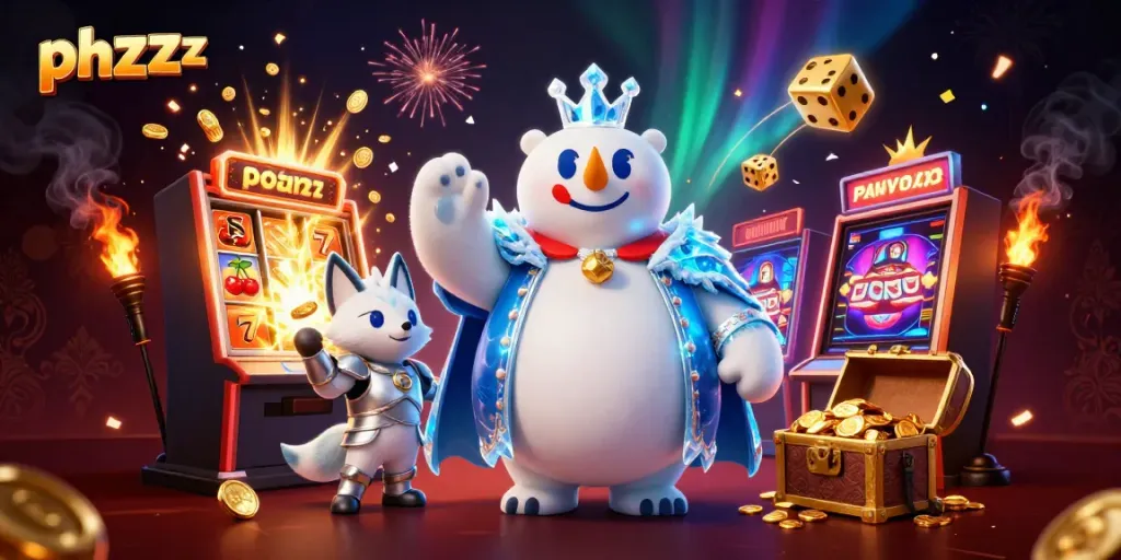 Engaging 3D casino scene showing phzzz brand elements, with characters attracting jackpot wins amid dynamic game symbols