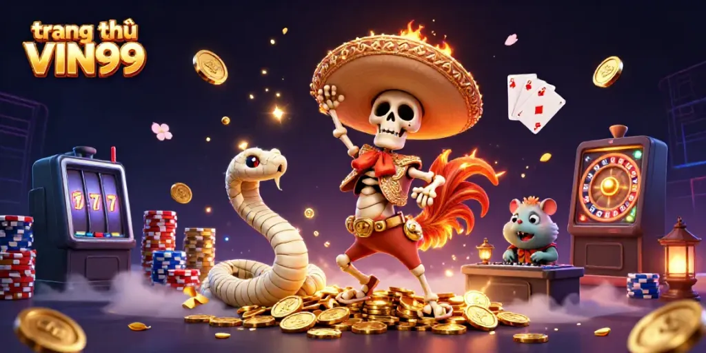 Celebrate wins at trang chủ VIN99 with vibrant casino fun embodied by dancing characters and dynamic gaming elements.