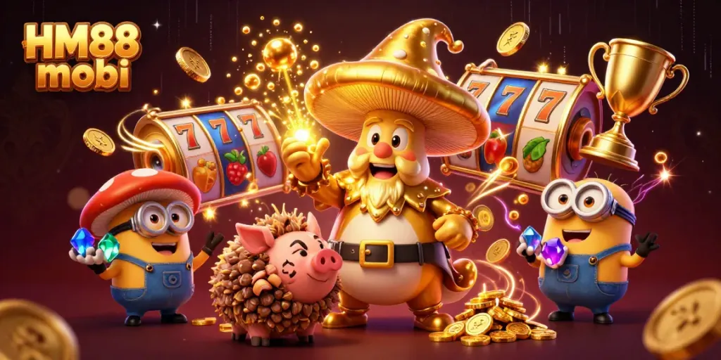 Experience the magic of HM88 mobi with our golden wizard and treasure-seeking pig in a vibrant casino scene.