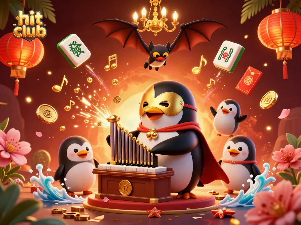 Place bets at the hit club, featuring a vibrant illustration of a penguin playing a golden organ as coins cascade