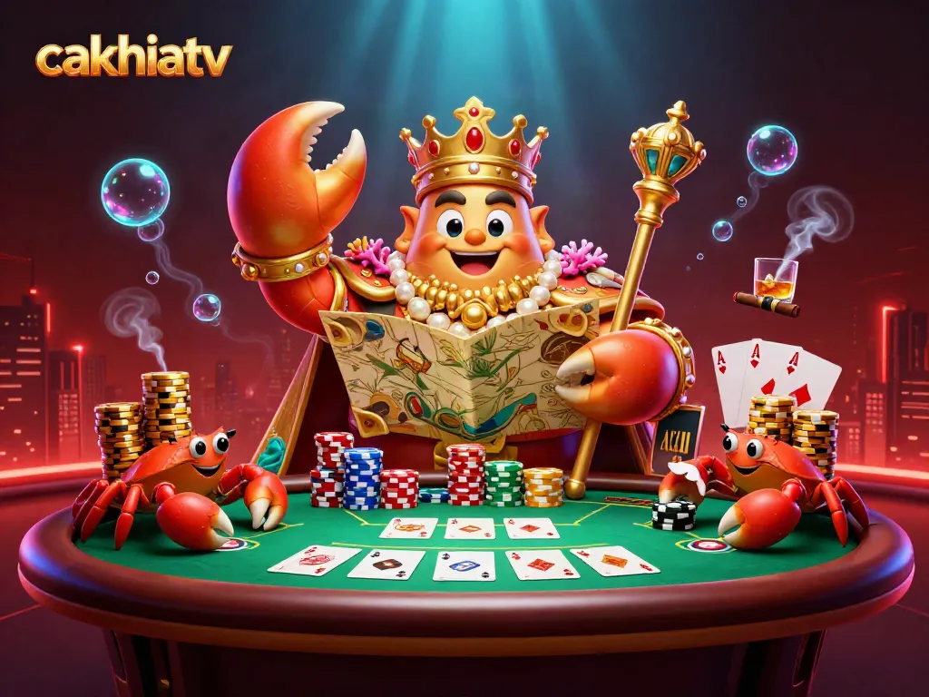 Experience intense gameplay action with cakhiatv's vibrant 3D crab emperor overseeing poker stakes.
