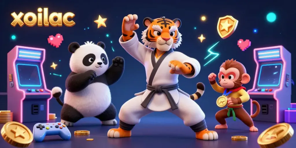 Xoilac offers an engaging 3D illustration of a dynamic kung fu tiger master with gaming elements, showcasing its vibrant online sports betting atmosphere.
