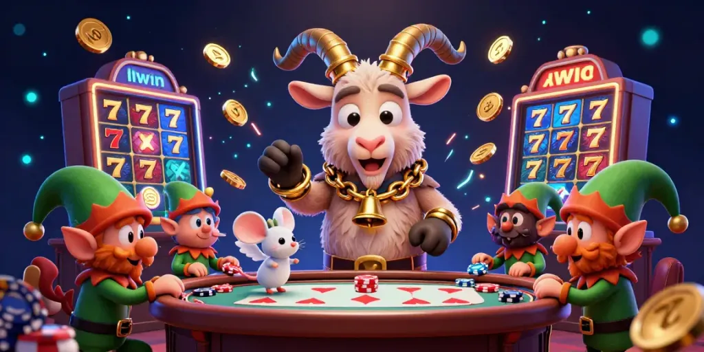 Experience the excitement at LLWIN's casino with a festive Krampus goat managing a spooky game night.