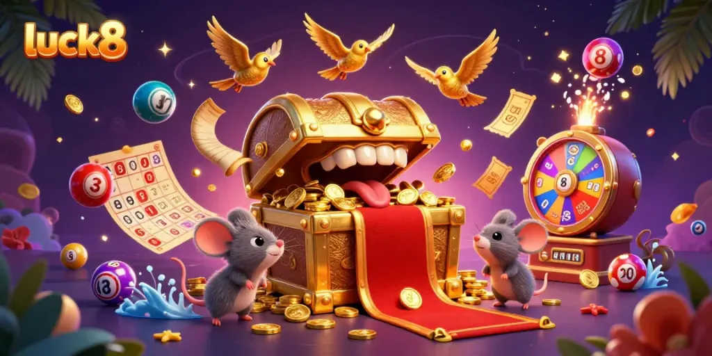 Experience excitement with luck8 as the treasure chest lures adventurer mice, surrounded by joyful gambling elements.